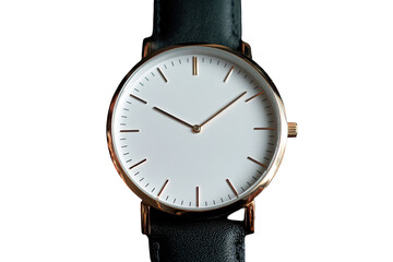 Close-up of a minimalist watch.  White face, rose gold accents, black leather band