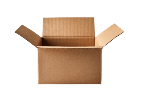 An open cardboard box against a black background.  The box is light brown, rectangular, and lies flat.  The flaps are unfolded, revealing an empty interior.  Simple, clean, and neutral