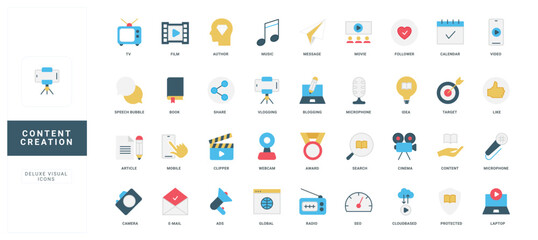Content creation, creative media blog of author, copyright protection color icon set. Pencil and camera, microphone to create original content, social media publication flat vector illustration