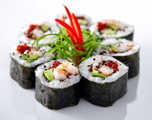 Sushi Rolls with Shrimp and Avocado Garnished with Green Onion and Red Pepper on White Background