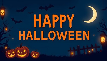 Halloween Background with Pumpkin Lanterns, Skull Icons, and Moon