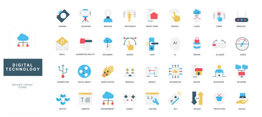 Digital technology and artificial intelligence support, data network and servers, smart home color icon set. Cryptocurrency and games, wireless connection, test of developer flat vector illustration