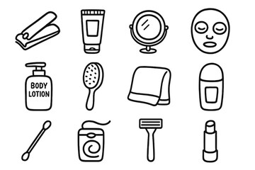 Personal Care Doodle Set. Personal care doodle icon set: hand drawn icons of nail clipper, hand cream, mirror, face mask, body