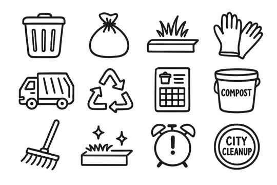 Trash Day Doodle Icons. Trash day doodle icon set: hand drawn icons of garbage bin, trash bag, curbside icon, gloves, garbage
