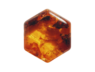 Close-up of a hexagonal amber gemstone.  Its rich amber color is highlighted by internal inclusions, showcasing a natural, organic texture