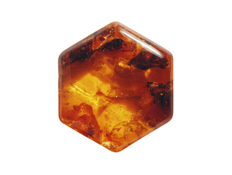 Close-up of a hexagonal amber gemstone.  Its rich amber color is highlighted by internal inclusions, showcasing a natural, organic texture