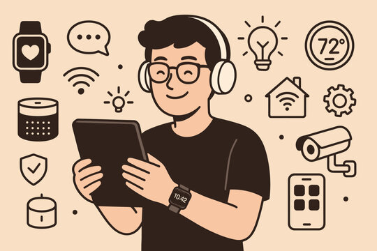 Tech Enthusiast's Smart Gadgets. Horizontal vector banner featuring tech enthusiast with gadgets and comprehensive smart devices