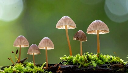 Fototapeta premium Tiny mushrooms on moss-covered log