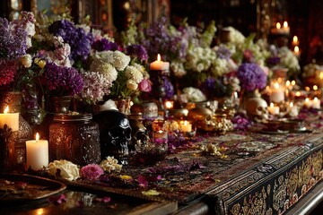 Candlelit altar with flowers and symbolic skulls for All Saints' Day prayer and meditation scene