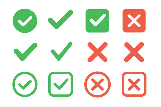 Approval and rejection flat icon set. featuring check mark, cross, tick box, cancel, approve, and reject symbols