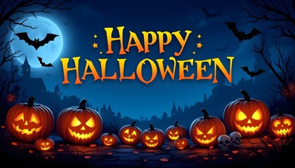 Halloween Banner with Pumpkins, Skulls, Bats, and Eerie Night Sky