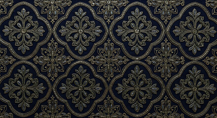 Intricate floral pattern with shimmering gold embroidery on deep navy fabric
