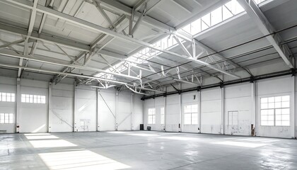 Spacious industrial warehouse interior with natural light and open space.