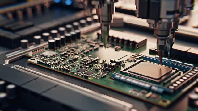 production of processors and motherboards in a modern high-tech factory