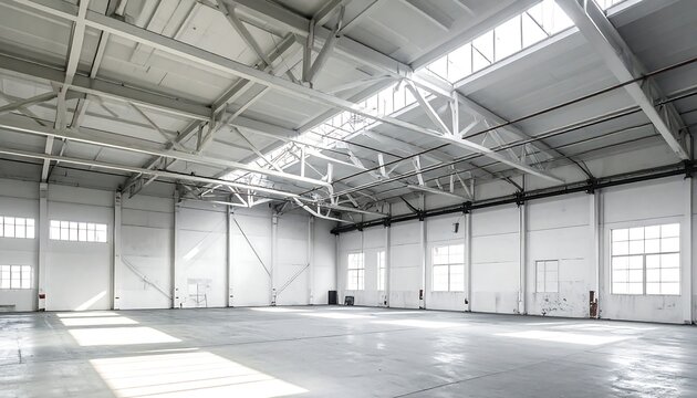 Spacious industrial warehouse interior with natural light and open space.