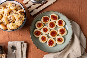 Top view of a plate loaded with homemade quince cookies.