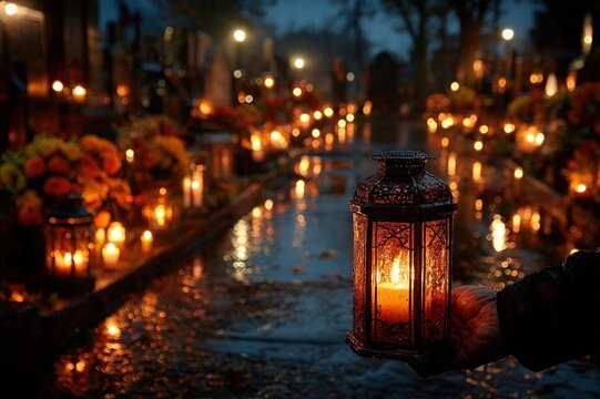 Christian hands holding a candle in memory on All Saints' Day, night cemetery atmosphere, glowing lanterns