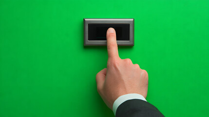A man's hand with a suit cuff points a finger at a small dark rectangular screen or button on a vibrant green background.