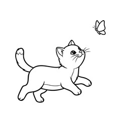 Naklejka premium Cute playful kitten chasing a butterfly in a simple black and white line art style illustration