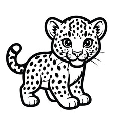 Cute cartoon baby leopard with big eyes and spotted fur standing on white background in black and white style