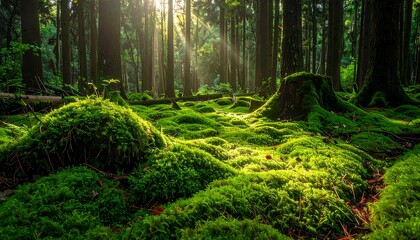 Sunlight streams through a dense forest floor covered in vibrant moss