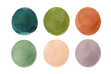 Set of six watercolor circle swatches in earthy tones on transparent background. Abstract stain brush strokes for graphic design element.