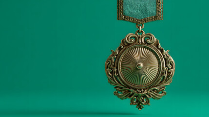 Ornate gold medal with a circular central design and decorative frame, hanging against a teal background.