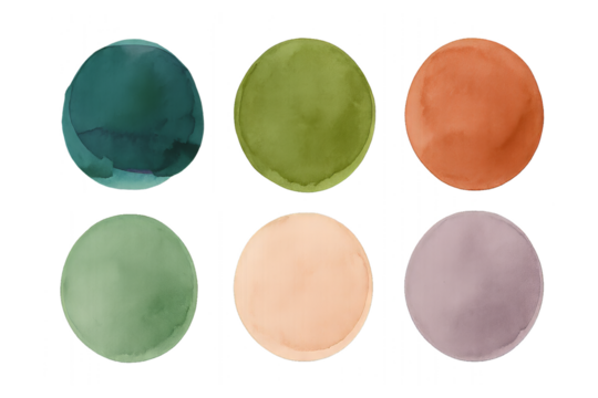 Set of six watercolor circle swatches in earthy tones on transparent background. Abstract stain brush strokes for graphic design element.