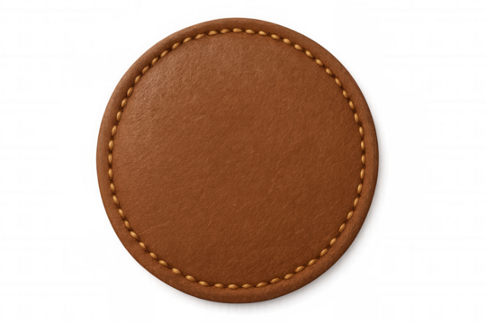Brown leather label with decorative stitching isolated on transparent background, perfect for branding and product design