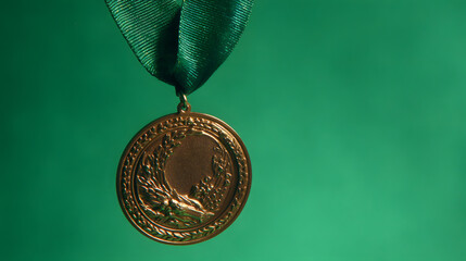 A close-up of a bronze medal with an embossed design hanging from a dark green ribbon against a green background.