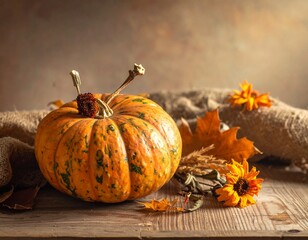 autumn still life, pumpkin and autumn leaves