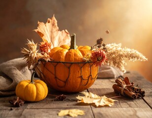 autumn still life, pumpkin and autumn leaves