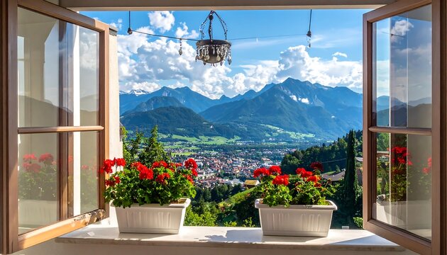 Alpine vista from a window with flowers