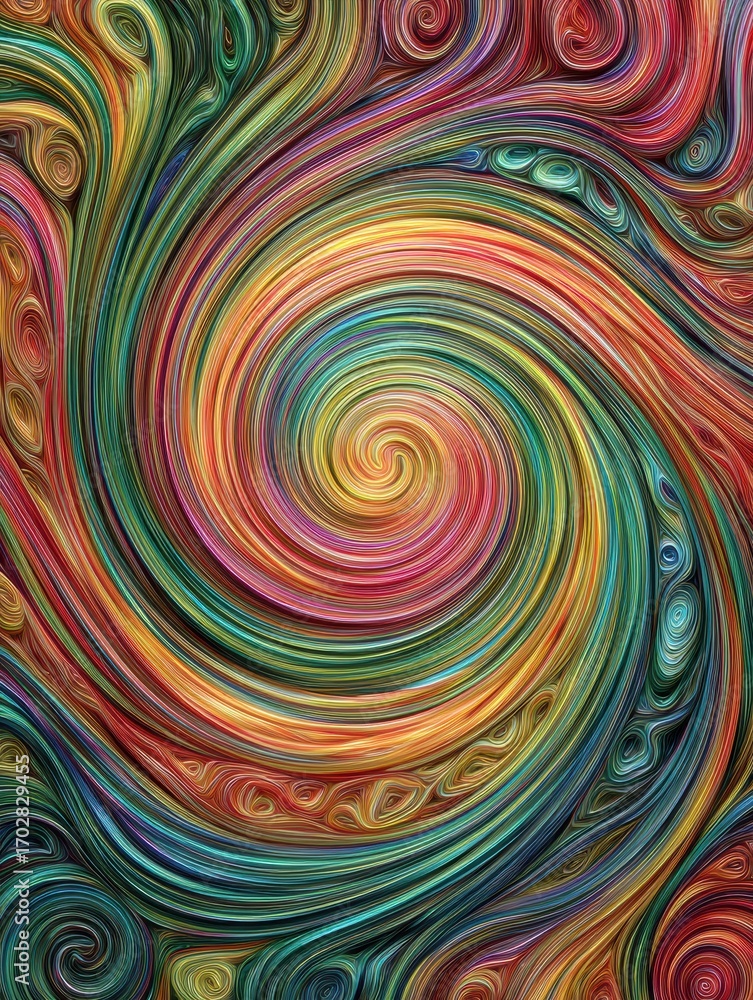 Poster colorful abstract spiral pattern creates optical illusion of flowing lines and swirling movement on 
