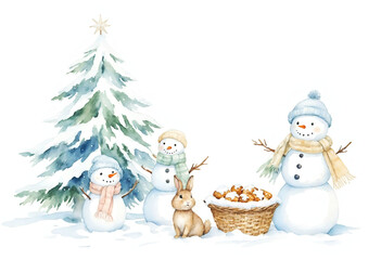 Three Snowmen, a Rabbit, and a Basket of Winter Treats by the Tree, Where Festivity Lives in the Details