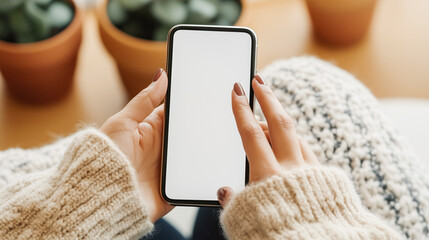 Woman hands in sweater holding phone or smartphone with white screen mockup with empty space for text sitting in room. Shopping online from home on cyber monday.