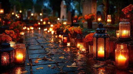 Cluster of candles burning at a cemetery during All Saintsa?? Day vigil, soft glow in darkness