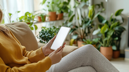 Woman hands in yellow sweater using phone or smartphone with white screen mockup with empty space for text sitting in cozy room with many flower pots. Shopping online from home on cyber monday.