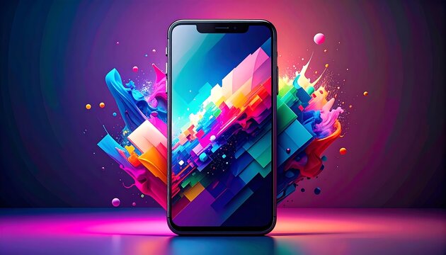 Smartphone with vibrant abstract design, colorful splashes, and geometric shapes