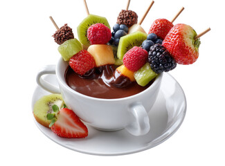 Fruit skewers in a cup of melted chocolate