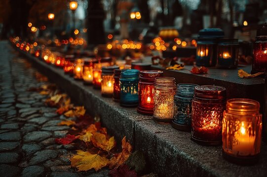 Collection of lit candles for All Souls Day remembrance at a cemetery