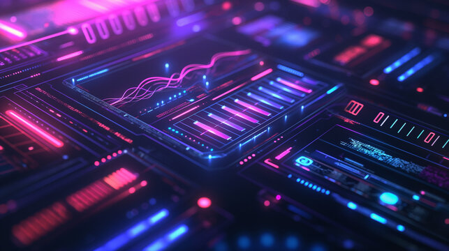 Futuristic interface UI holographic display, neon blues and purples, floating data graphs, cyber technology aesthetic
