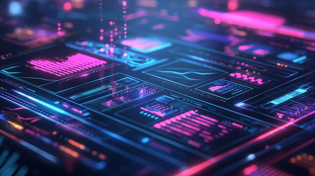 Futuristic interface UI holographic display, neon blues and purples, floating data graphs, cyber technology aesthetic