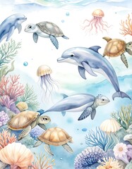 Fototapeta premium Watercolor illustration of sea creatures in an underwater scene