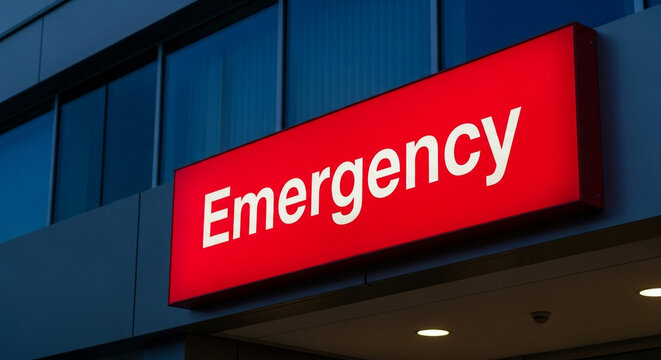 Emergency room entrance with bright red sign offers immediate medical assistance during a crisis situation