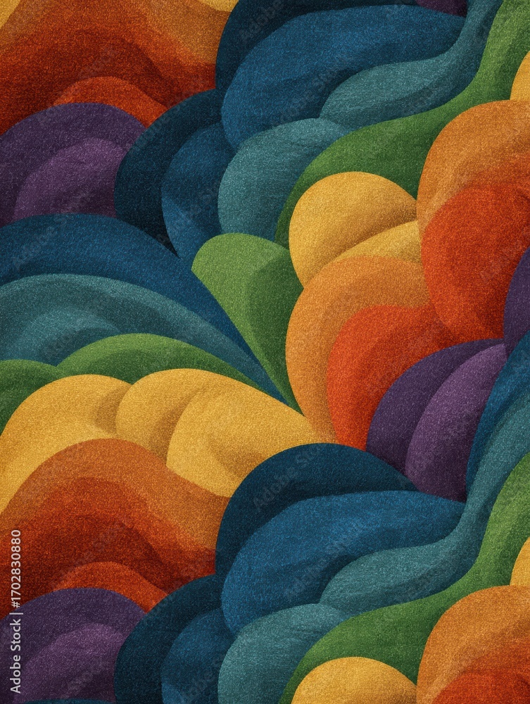 Poster colorful abstract design features overlapping waves in rainbow hues with textured surface spanning t
