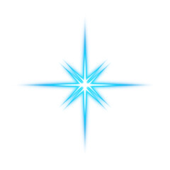 Blue glowing star with cross shape on transparent background
