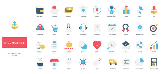 Ecommerce, online purchase on sales and payment, customers wallet, gift color icon set. Order shipping, commercial advertising and cart, likes and rating from shop client flat vector illustration