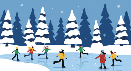 Winter Fun on Ice: Cheerful Illustration of People Skating in a Snowy Landscape, Perfect for Holiday Cards, Seasonal Greetings, and Winter-Themed Children's Books