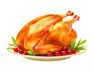 Roasted turkey or chicken on a dish with cranberries and herb leaves, on transparent background. A festive meal for Thanksgiving and Christmas dinner.